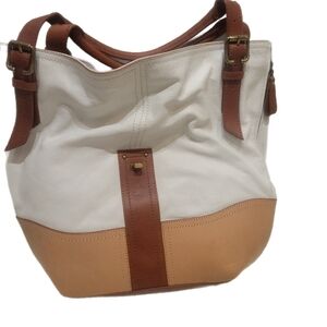 Brooks Brothers Cream and Tan Leather Hobo Bag